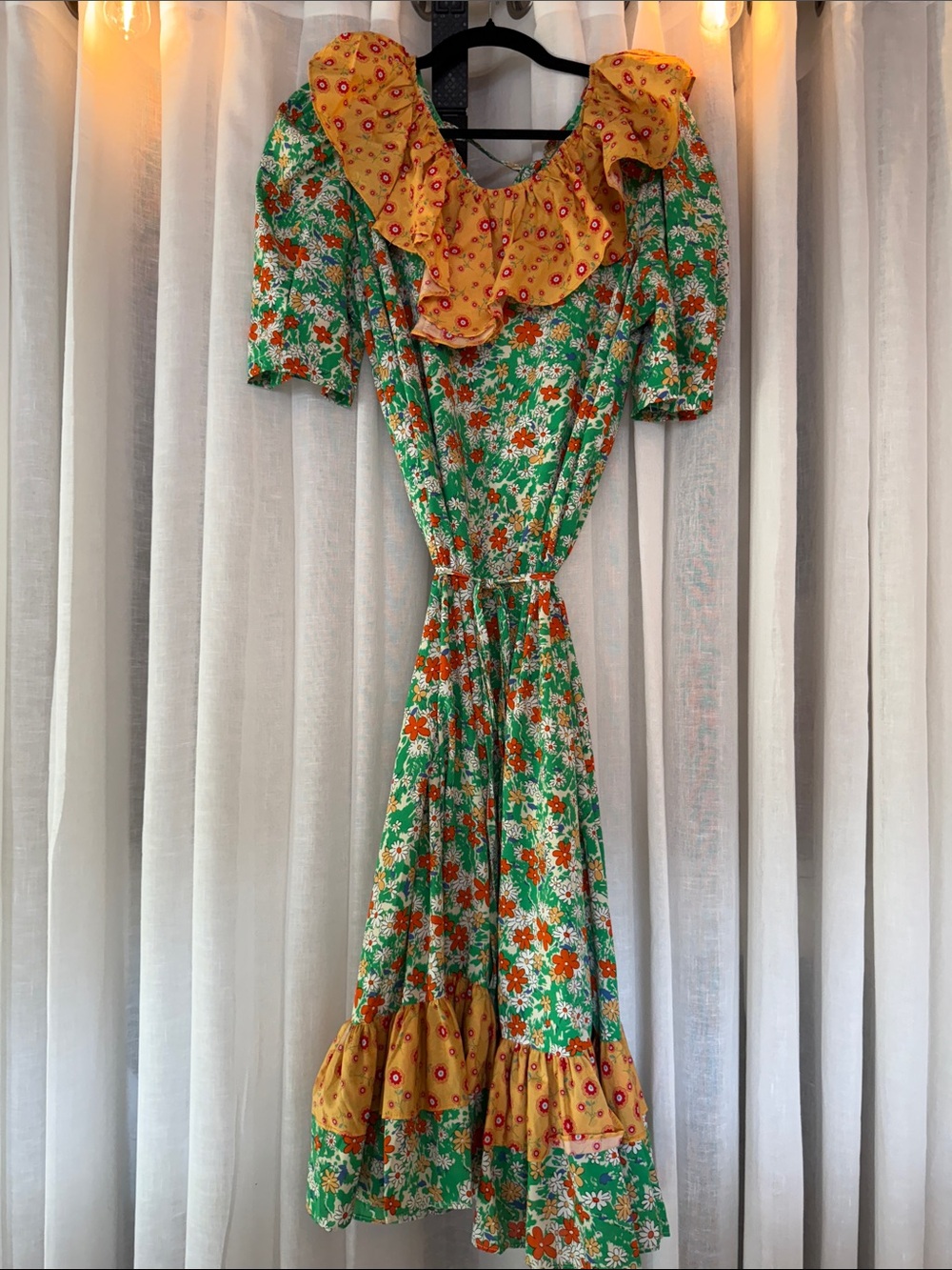 Green Floral Midi Dress with Yellow Ruffle Collar
